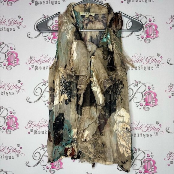 Ness Multicolor Sleeveless Blouse floral silk button ruffle frilly frills shiny - Picture 1 of 12